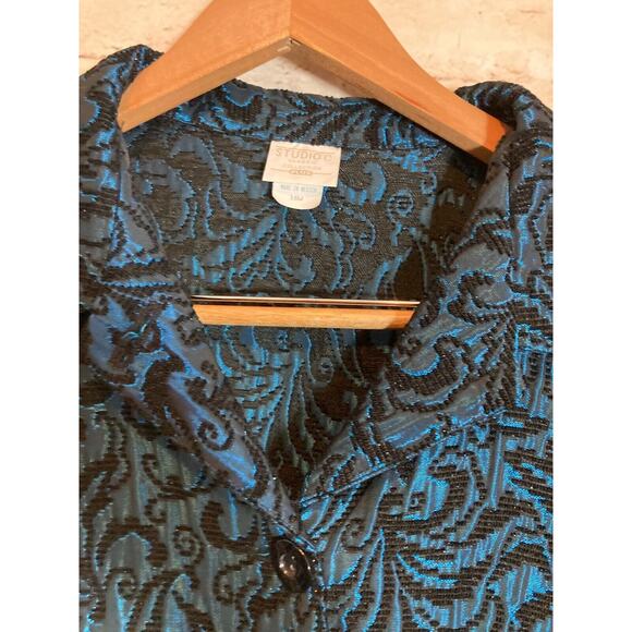 Studio C Jacket Womens 16W Dark Turquoise Jacquard Shiny Tapestry Button Front - Picture 4 of 13